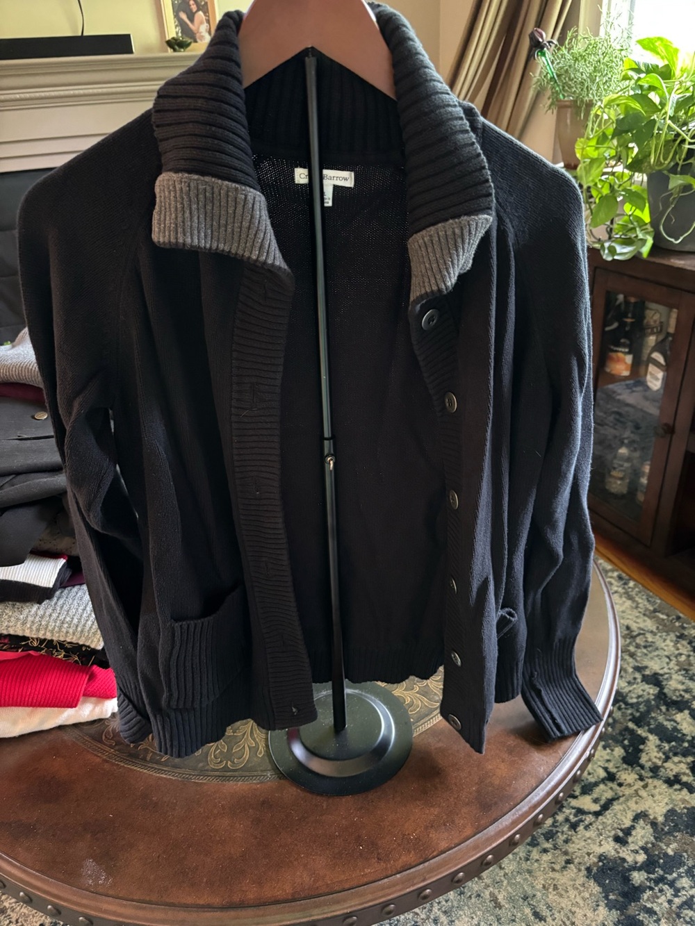 Shawl-Collar Black Cardigan with Contrast Gray Trim